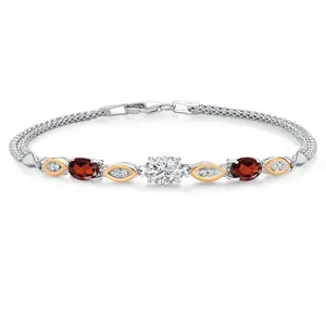 Gem Stone King 925 Silver and 10K Yellow Gold IGI Certified Lab Grown Diamond and Red Garnet Bracelet For Women | 2.22 Cttw | Center Oval Cut Diamond 1 Ct | D-E Color | VS1-VS2 Clarity | Wheat Chain | 6.5/7/7.5 Inches