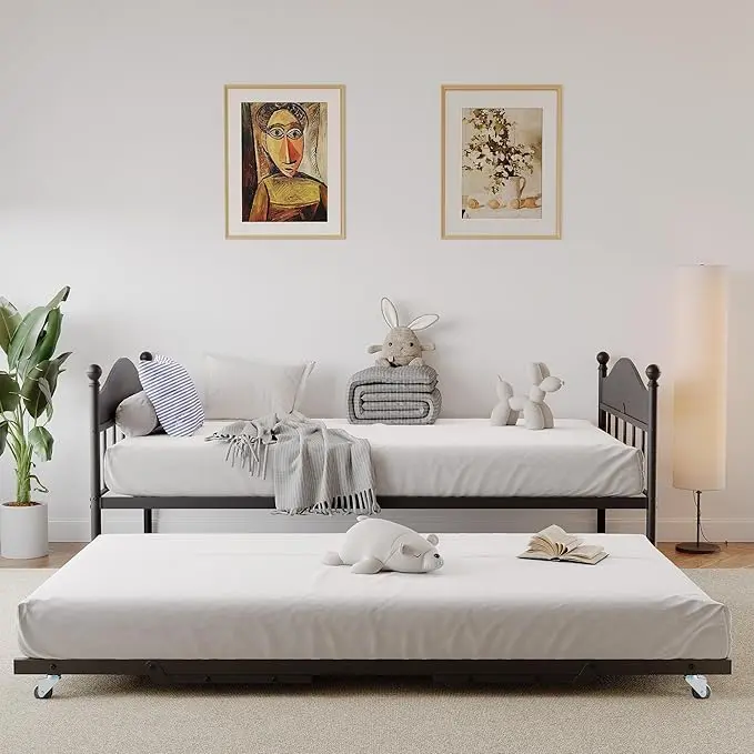 Daybed With Trundle, Metal Twin Bed Frame with Pop Up Foldable Trundle Bed, Sofa Bed Frame with Stylish Headboard, Heavy Duty Steel Slats Platform for Living Room, Bedroom and Guest Room