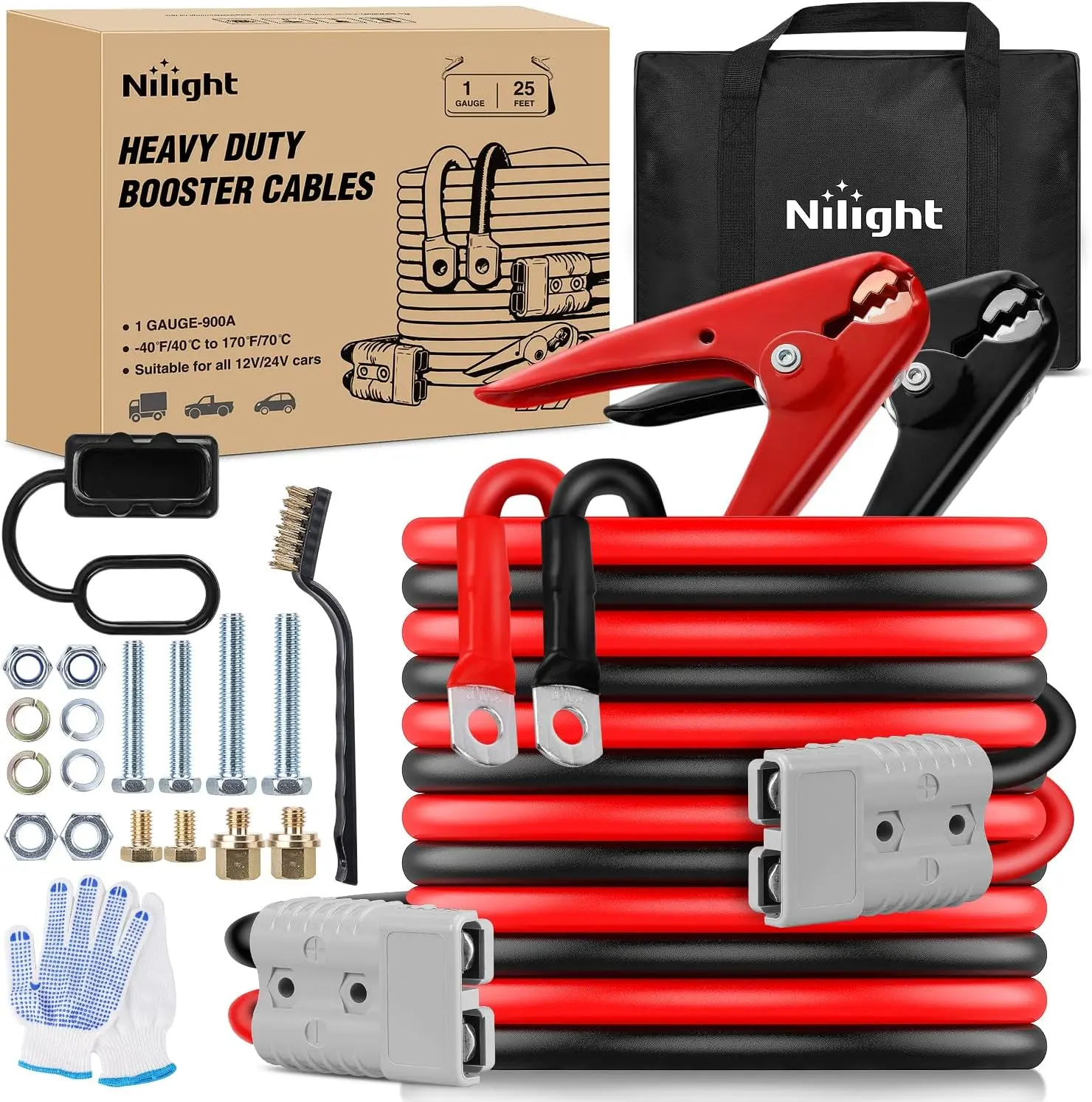 Nilight Heavy-Duty 1-Gauge 25ft CCA Copper PVC Insulation Jumper Cables, 900A 12V/24V Automotive Tools, Permanent Installation Kit, Plug-and-Play Quick Connect Plug, Carrying Bag