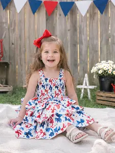 Independence Day Toddler Girls Patriotic Bow Print Smocking Dress