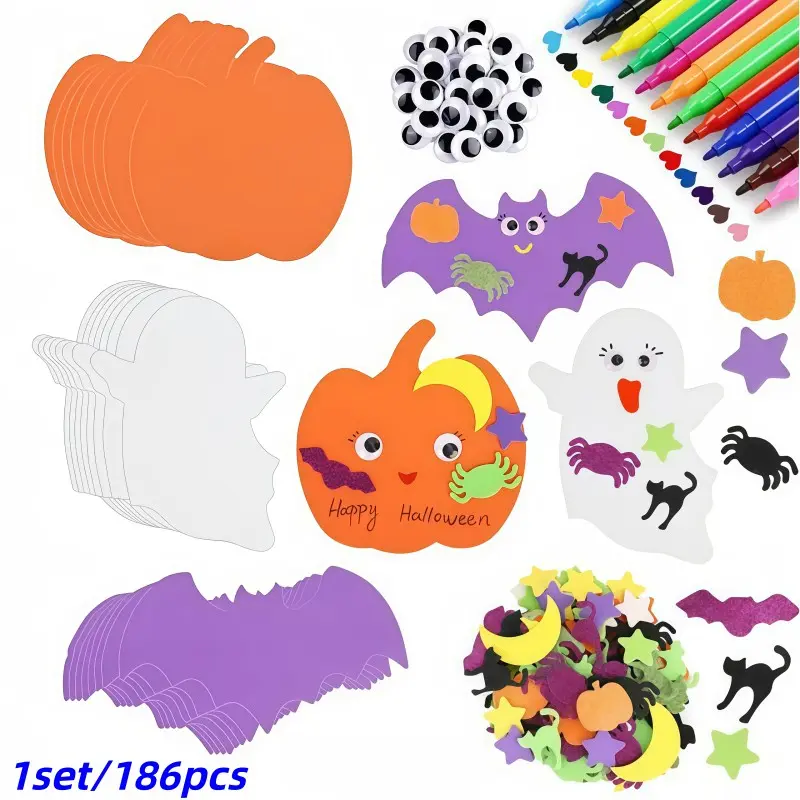 Halloween Craft Kit 186pcs, DIY Foam Pumpkin Ghost Bat Decor, Self-Adhesive Eyes Paintbrushes, Party Supplies for Halloween Thanksgiving Christmas Birthday
