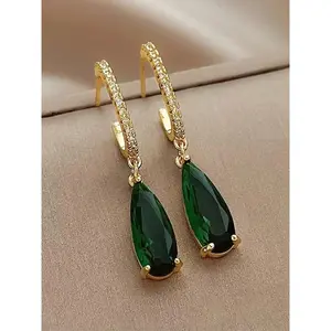 1 Pair Artificial Gemstone & Rhinestone Decor Dangle Hoop Earrings, Elegant Fashion Jewelry For Party, Daily Clothing Decor For Girl, Ladies Anniversary Birthday Jewellery Gift, Classic Style Earrings