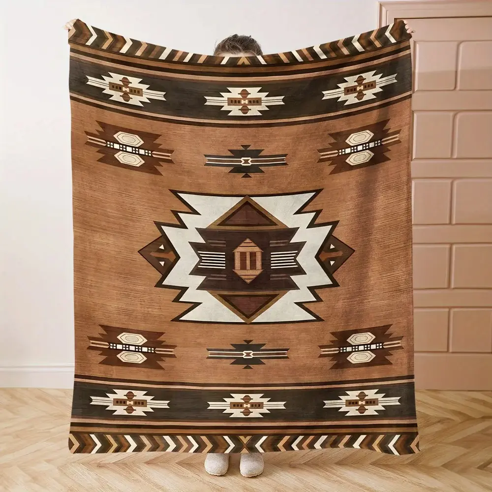 Vintage Aztec Pattern Western Flannel Blanket Soft Warm Stylish for Bed Sofa Camping Brown White Beige Geometric Design Machine Washable