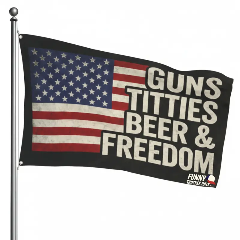 Guns Titties Beer & Freedom Flag – 3x5 Funny Patriotic Garage Man Cave Wall Flag Big Slogan Tapestry seasonal Funny American Flag Seasonal banners