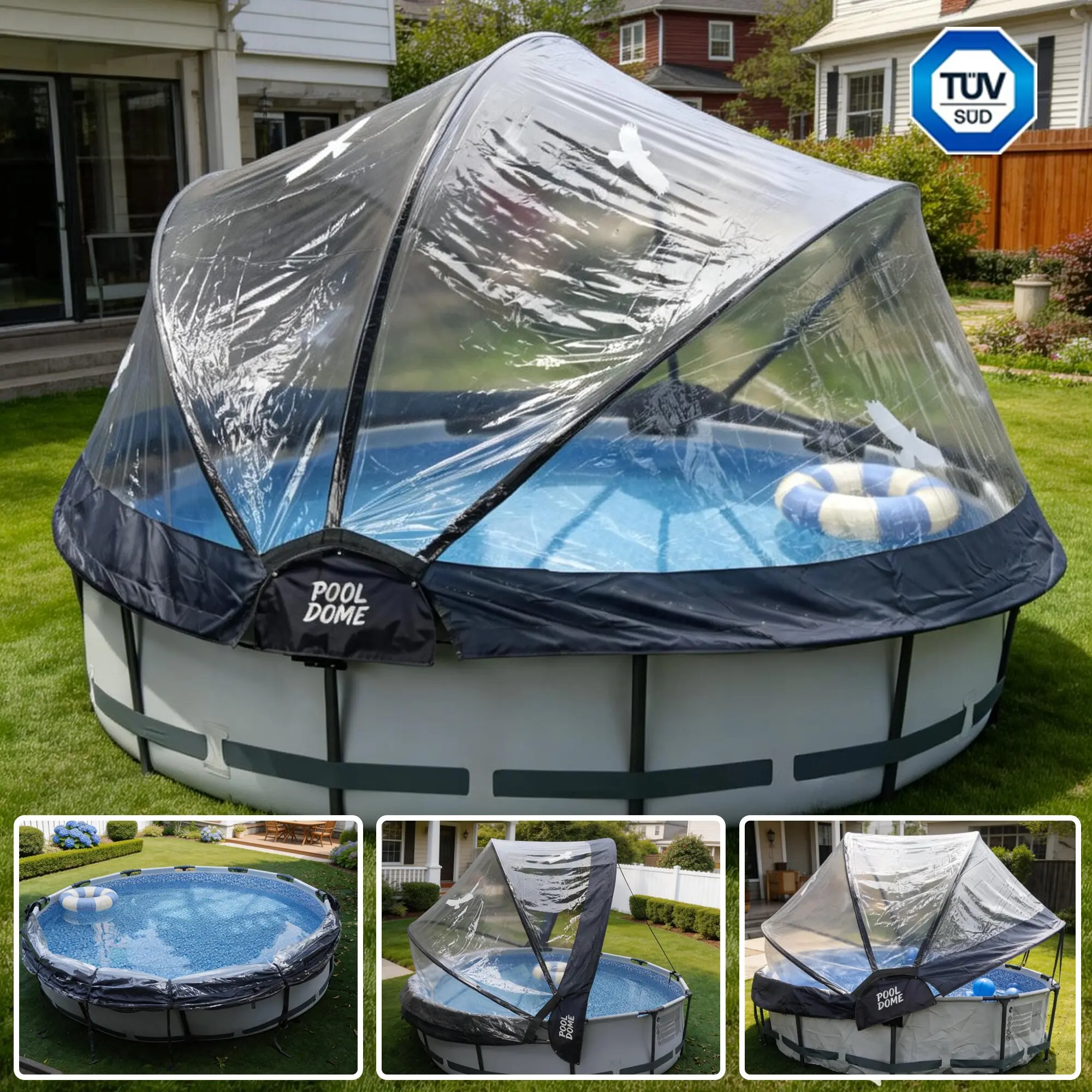 15FT Round Pool Dome Cover for Above Ground Pools, Clear 180° Open & Close Pool Enclosure, UV Rain Dust & Leaf Protection, Heat-Retaining Outdoor Pool Canopy for 15FT Frame Pools