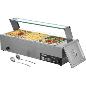 VEVOR Commercial Food Warmer, 1500W Electric Stainless Steel Steam Food Warmer with Glass Cover, 6x 1/3 Size Pans Buffet Bain Marie with Soup Perforated Ladles, for Catering, Restaurant Party