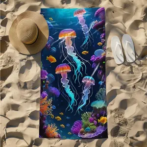 1 piece Deep-sea colorful jellyfish and coral fish school themed beach towel - Extra Large Beach Towel, Soft Polyester Fiber, suitable for Home, Travel, Gift, Machine Washable, Modern Pattern Style, Ideal for Outdoor Activities