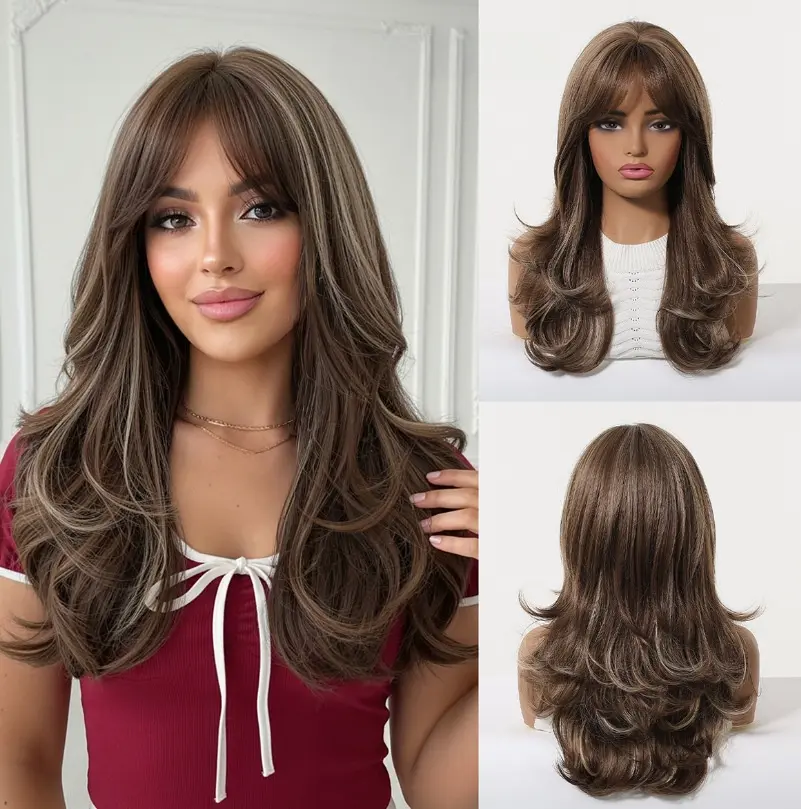 Women's Synthetic Full Machine Wig - Silky Top Wig, European & American Style, Wavy Medium-Long Length with Fringe Bangs, Gradient Layers, Linen Golden-Brown Highlights, Heat-Resistant Synthetic Hair, Natural Volume Lift