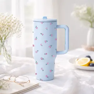 mikenda Floral Aesthetic Tumbler 40oz, Insulated Travel Tumbler, Insulated Thermos, Cute Blue Flower Cup with Handle & Straw, Minimalist Girl Style Drinkware, Perfect Gift for Mother’s Day, Graduation, Summer