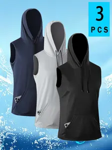 3 Pack Men's Hooded Loose Fit Sleeveless Tops, Ideal for Yoga, Running, Basketball, Gym Workout T-Shirts with Pockets, Yoga Sports Vest Workout Gym Clothing, Lightweight Activewear