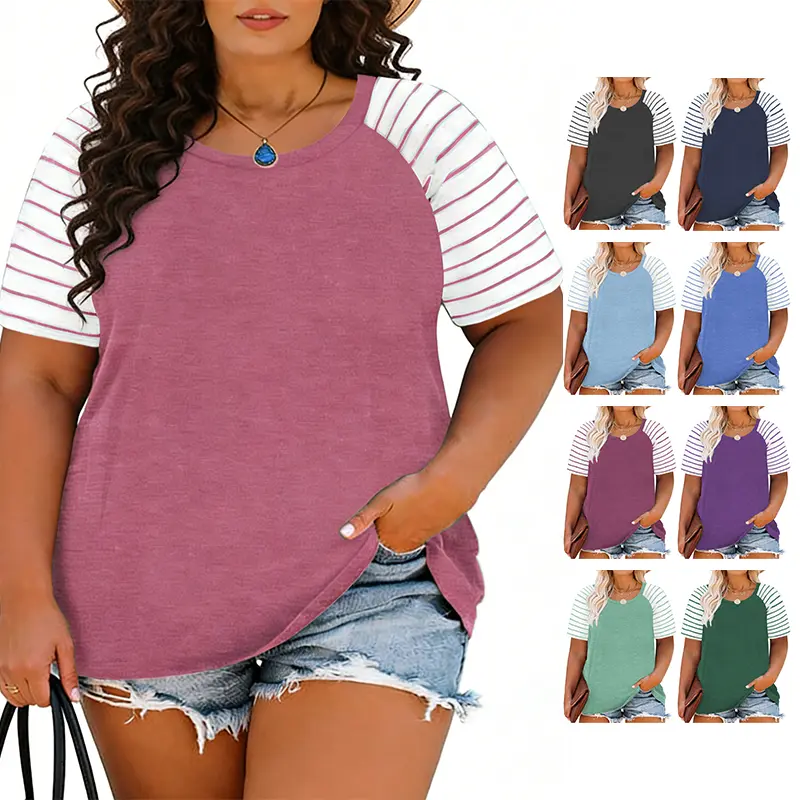 Women’s Plus Size Striped Raglan Tops Casual Lightweight Summer Tunic Tee Shirts Stylish Colorblock Crewneck Shortsleeve Blouses T-shirts XL-5XL DPS1005 tshirts classic