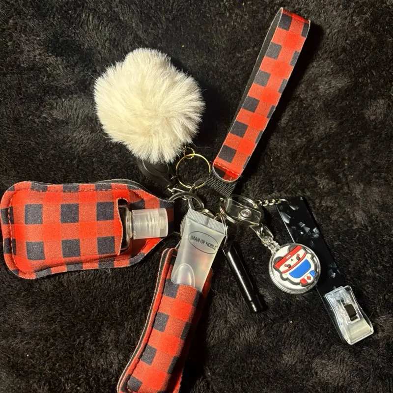 Plaid Keychain with Pom Pom and Hand Sanitizer Holder - Red Black Checkered Design