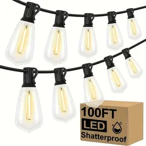 LED Outdoor String Lights, 100-Foot Patio Lights with 50 Shatterproof ST38 Vintage Edison Bulbs, Waterproof Outdoor Hanging Lights, Suitable for Porch, Deck, Garden, Backyard, Balcony, 2700K