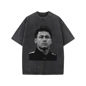 Retro "Soccer Player Minimalist Portrait Print" T-Shirt, Washed Black Urban Streetwear Short Sleeve Cotton Unisex Tee