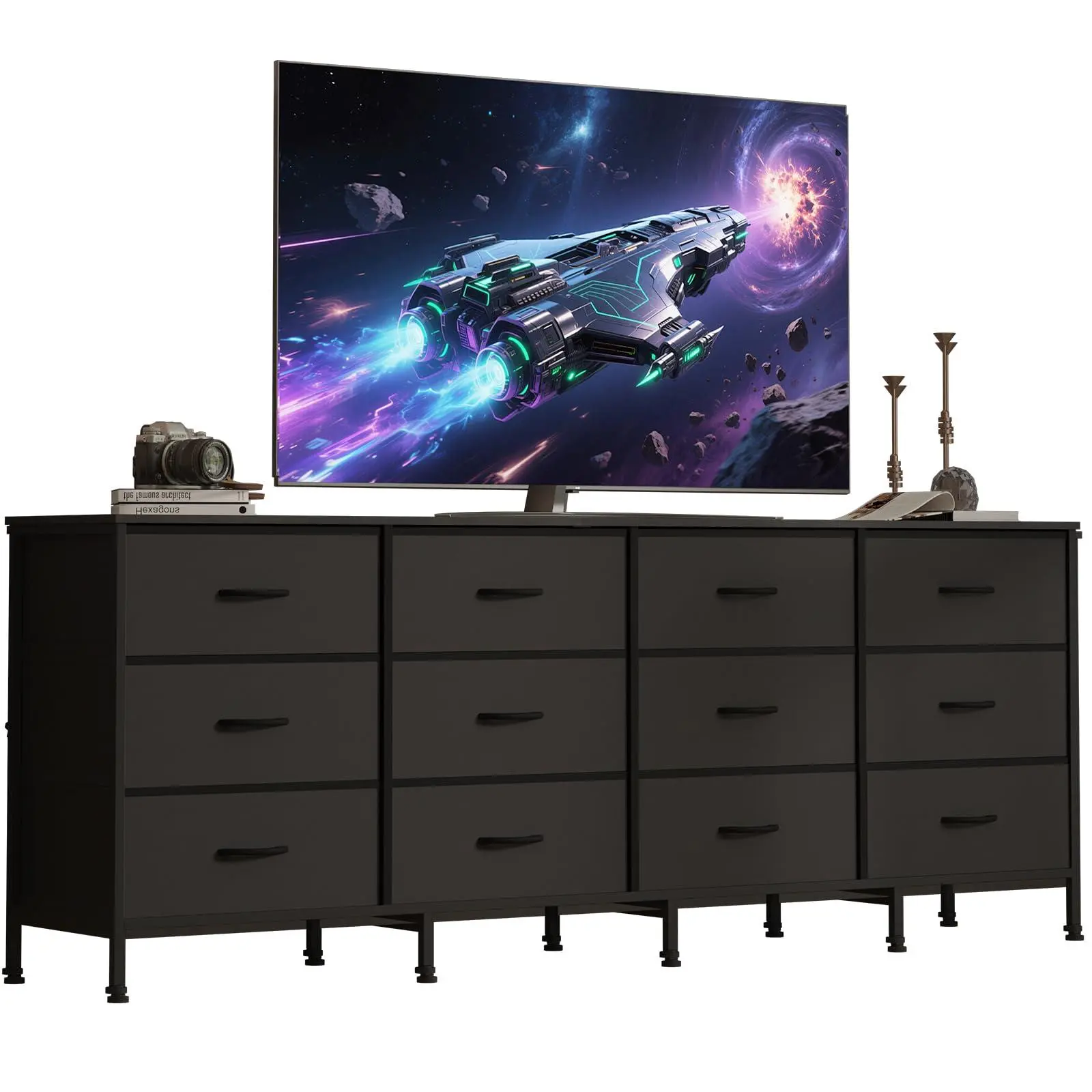 Garvee 70-Inch Large Dresser TV Stand with Charging Station, 12 Fabric Drawers, Entertainment Storage Cabinet for 65-80 Inch TVs, Living Room or Bedroom Use, Black, Entertainment Tv Stand