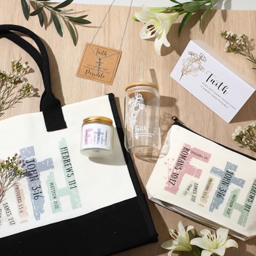 Christian Gifts for Women Easter Faith Religious Gifts with Tote Bag Makeup Bag Candle Cross Necklace Cup Greeting Card for Birthday Church Study Supplies, Gift for Christian Girl Mom Wife, Elegant Easter Gift for Sunday Prayer, Mother's Day Gift