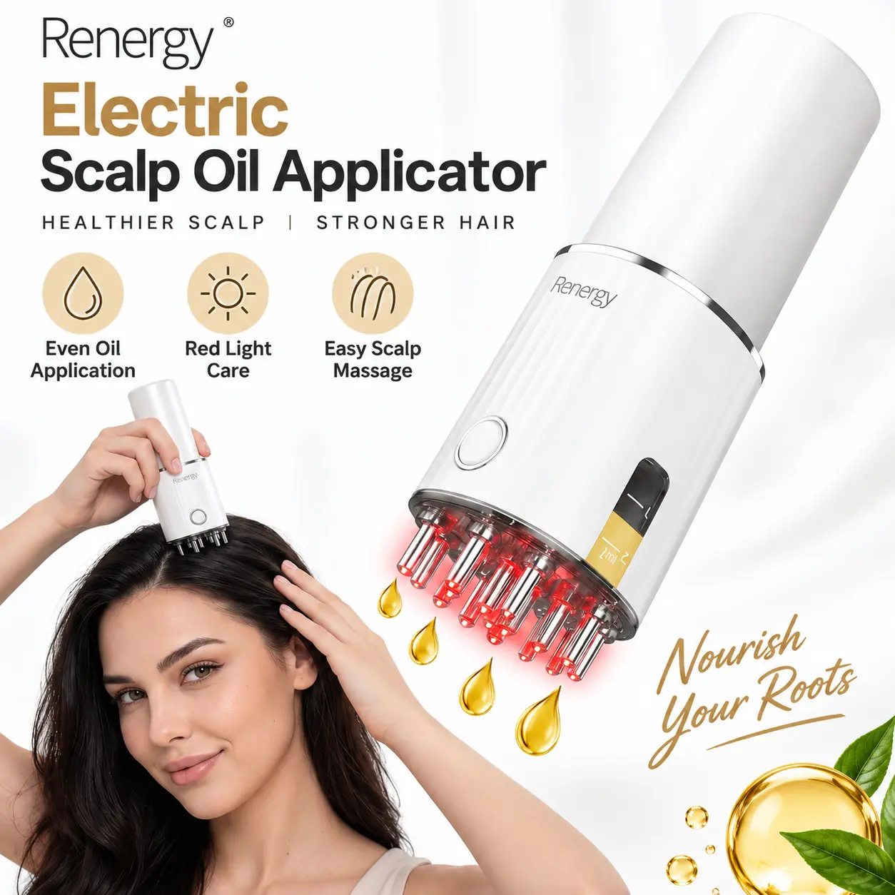 Renergy Unisex Electric Scalp Oil Applicator - Hair Care Tool with Red Light Therapy, Vibration & Microcurrent, Minerals, Minoxidil Dispenser, 1-Click Scalp Treatment, Serum Application for Hair Growth