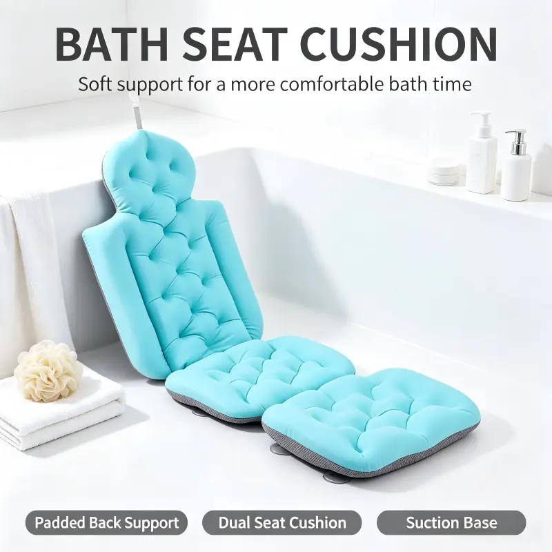 Full Body Padded Bath Pillow with Suction Cups - Soft, Non-Slip Back Support, Spa Relaxing Home Bathroom Accessory Gadget