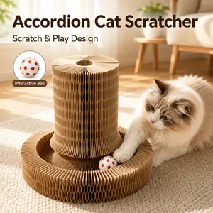 Cat Scratcher with Interactive Ball, Foldable Accordion Cardboard Cat Scratching Board for Indoor Cats, 360° Scratch & Play Toy
