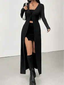 Elegant V-Neck Long Sleeve Open Front Cardigan, Slim Fit Mid-Length Outerwear, Stylish Women's Coat for Daily Wear, Womenswear