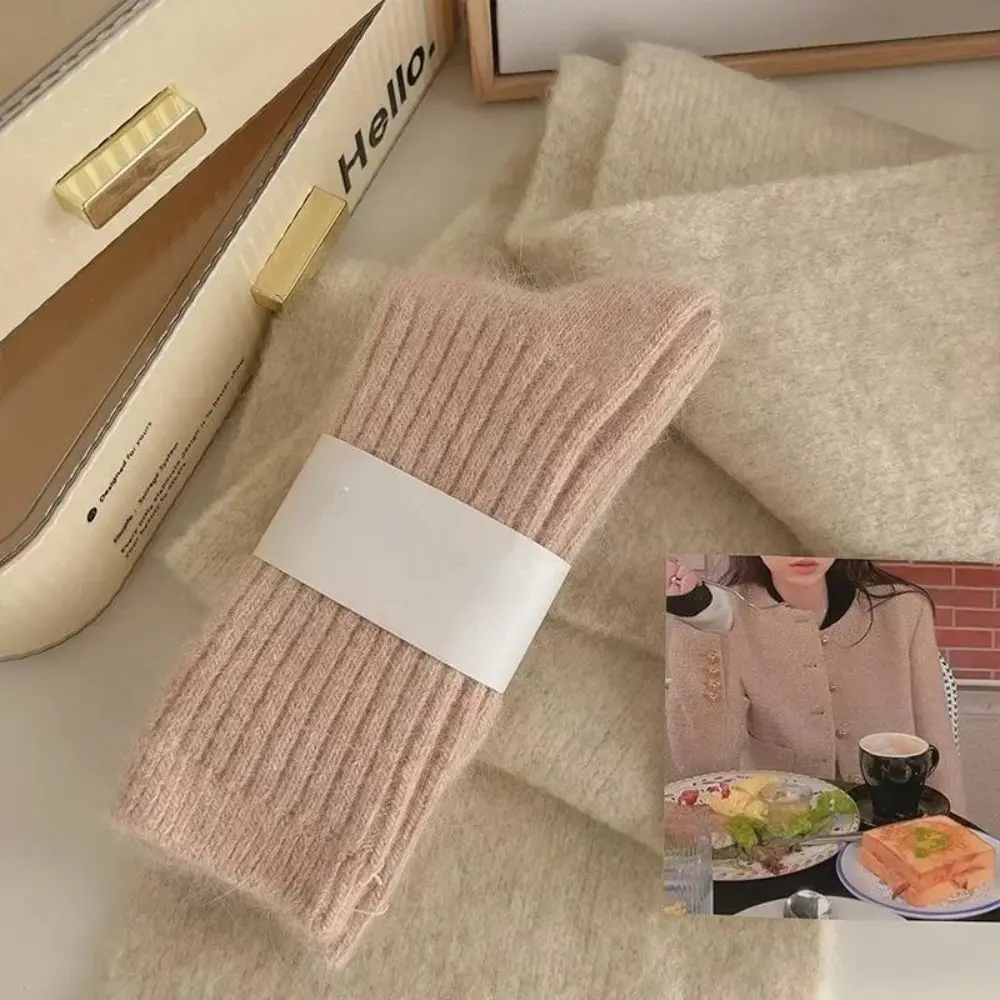Women’s 4-Pair Thermal Cashmere Wool Tube Socks - Solid Color Knit, Harajuku Inspired, for Casual Everyday Wear (White+Purple+Pink+Gray)