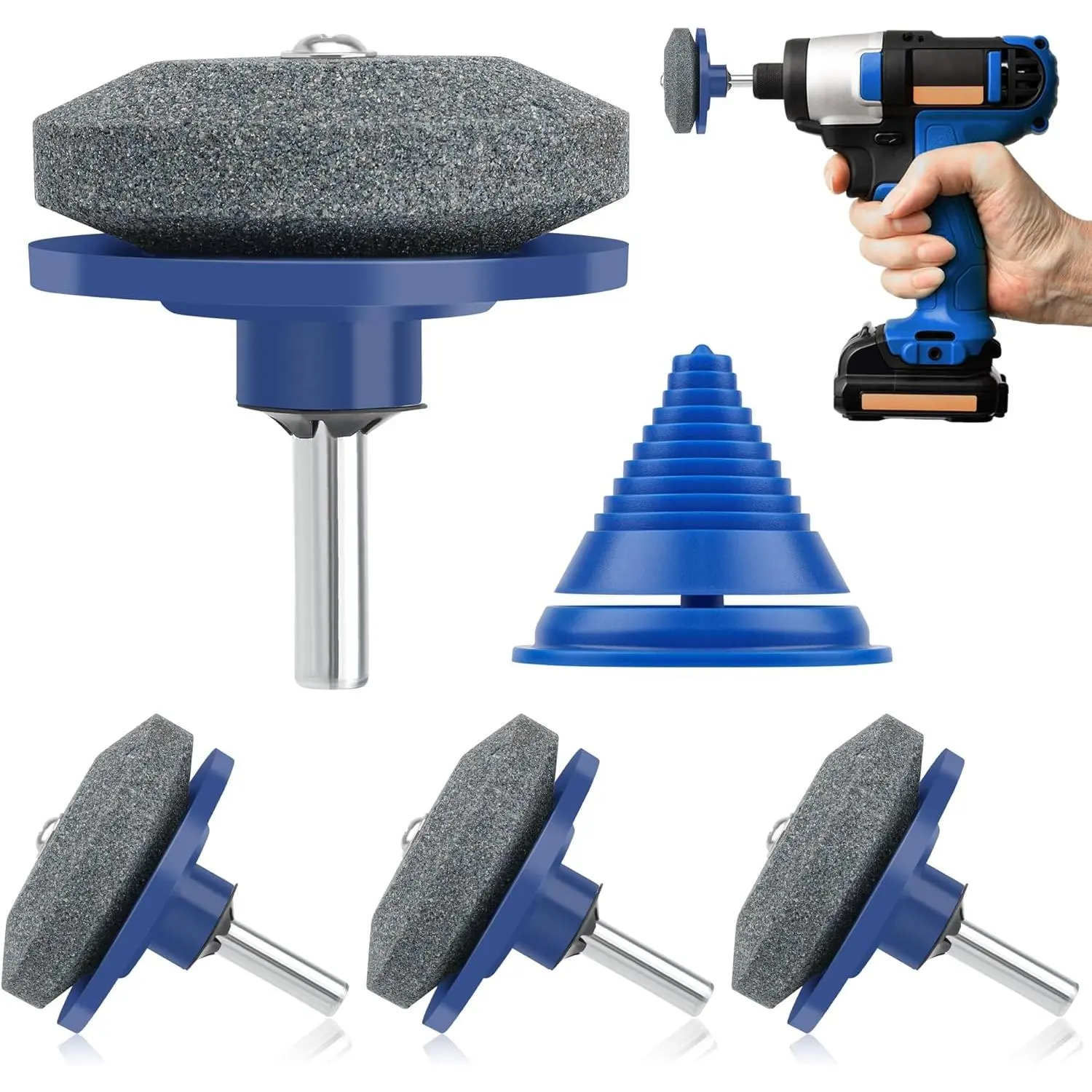 4+1PCS Lawn Mower Blade Sharpener, Universal Lawnmower Blade Sharpener Mower Sharpening Stone with 1PCS Balance Tool for Hand Drill/Power Drill