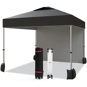 【Christmas Gift】10x10 Pop Up Canopy Tent with 1 Removable Sidewall Instant Commercial Canopies Patio Tent with Vented Top Wheeled Bag Weight Bags 4 Ropes 8 Tent Stakes-Black