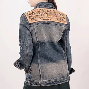 Western Denim Jacket with Hand-Tooled Tan Leather Yoke