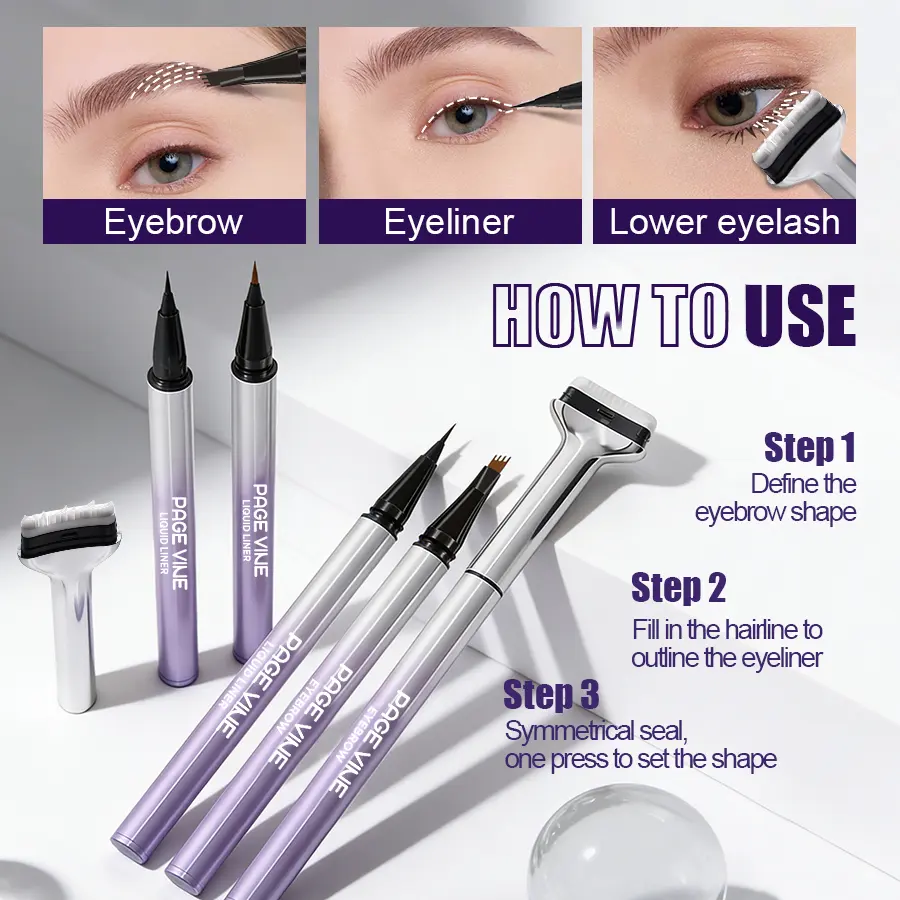 PAGEVINE 4-in-1 Black Eyebrow Kit - Lightweight Precise Brow Pencil, Liquid Eyeliner, Lash Stamp Set, Natural Finish, Perfect Brows Set for Beginners, Easy Application Daily Eye Look Essentials