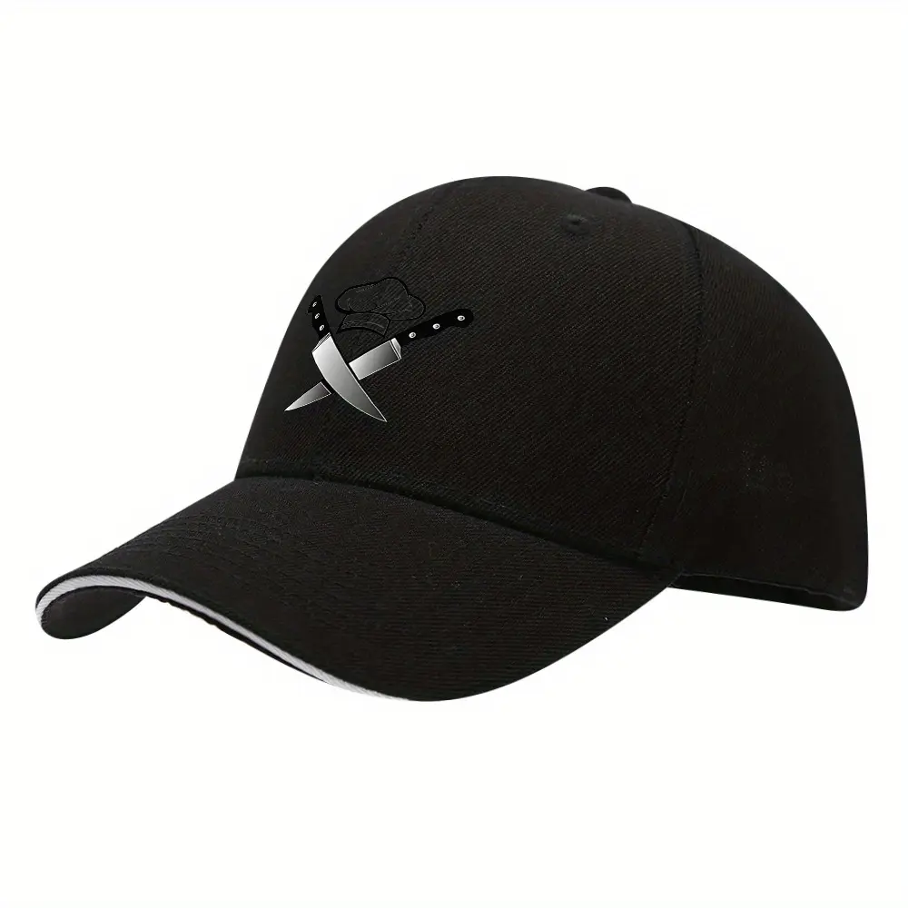 1pc Adjustable Black Polyester Chef Hat - Crossed Kitchen Knives Design, 1 Size Unisex Cap for Cooking, Baking, Chef Hats, One Size