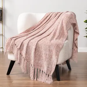 Blush Pink Throw Blanket for Couch & Sofa, Chenille Knit Woven Blanket with Tassel, Decorative for Chair & Living Room, 50x60
