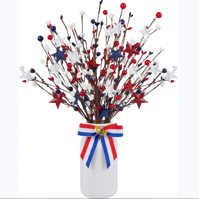 4 Pack Patriotic Artificial Berry Stems – Red, White and Blue Star Faux Branch Picks for 4th of July & Memorial Day – Festive Floral Vase Filler & Table Decor