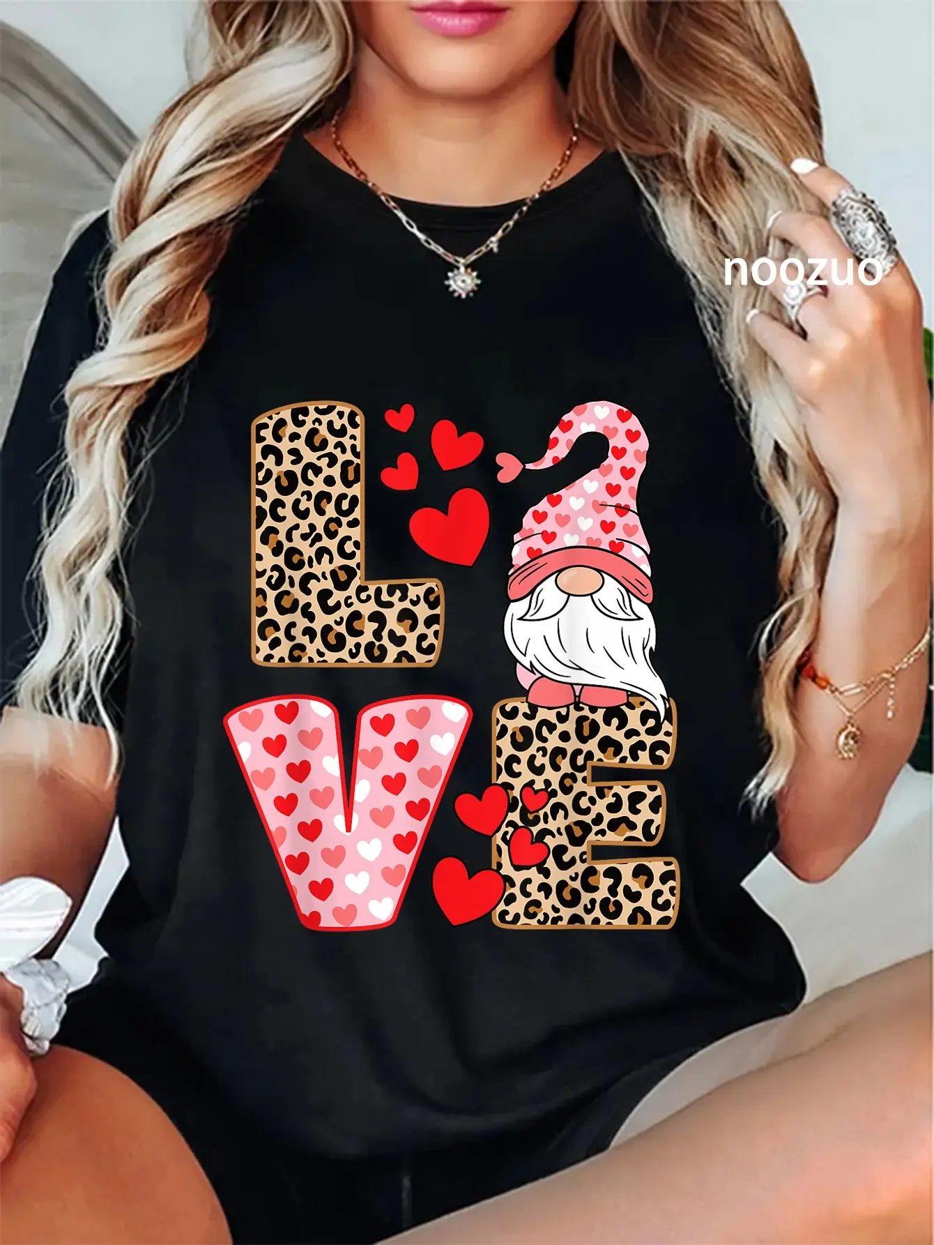 100% Cotton Valentines Day Cute Love Heart Gnome Leopard Cheetah Print T-Shirt