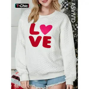 Women's Heart Slogan Embroidery Drop Shoulder Sweatshirt, Casual Textured Long Sleeve Round Neck Pullover for Spring & Fall, Fashion Women's Top for Daily Wear