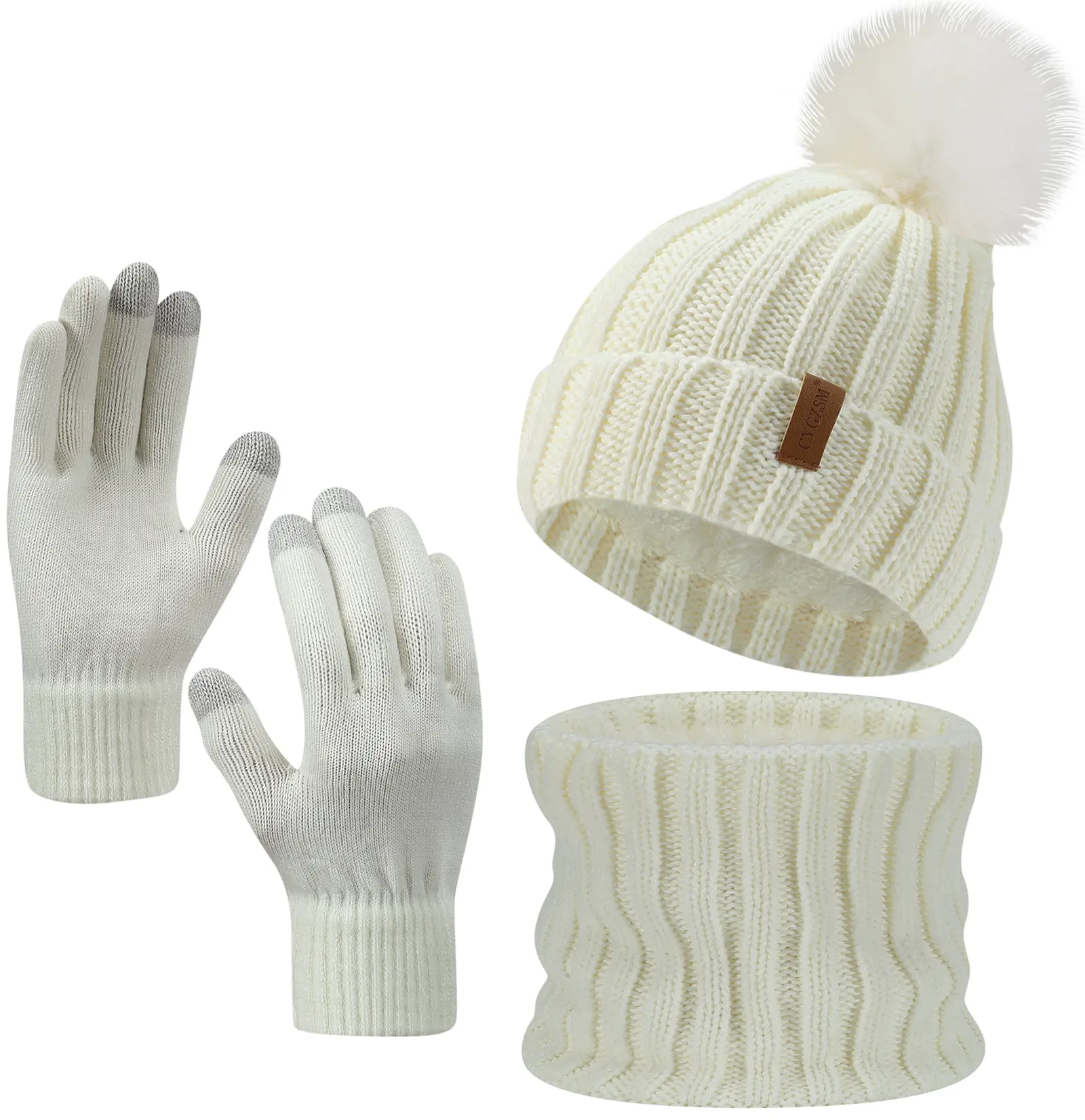 Women's 3-Piece Winter Warm Christmas Theme Knitwear Set - 100% Lightweight Acrylic Knit Beanie, Plain Scarf, Buckle Closure Gloves with Faux Fur Trim, Thick Plush Polyester Lining, Sports Style, Stylish Accessories