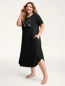 【Summer Turn-Up】【Butter Soft】Bloomchic Happy Cat Print Stretchy Contrast Sleep Dress Curvy Women Lightweight Loungewear Nightwear Round Neck Short Sleeve 2026 Summer Pick for Mother's Day