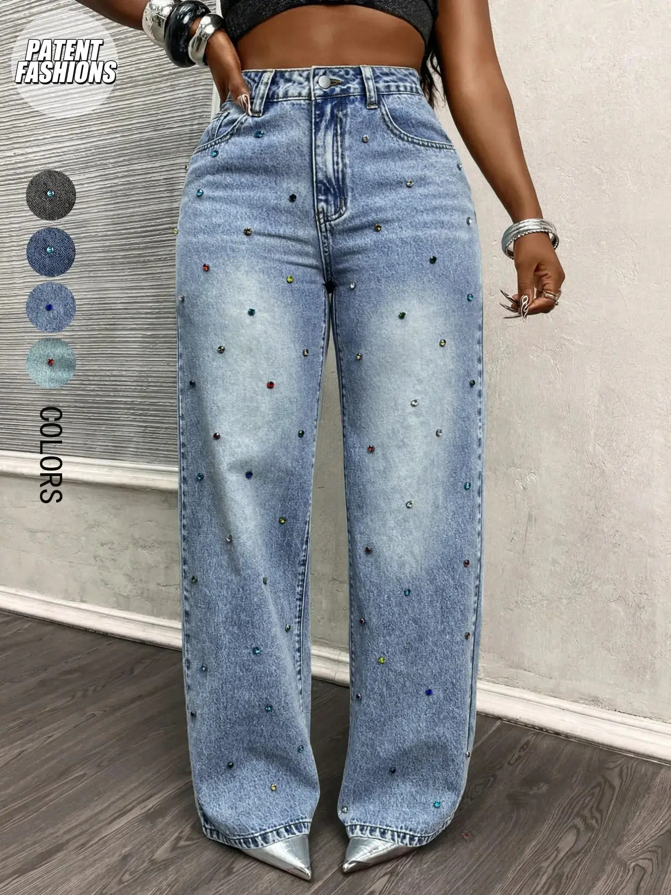 Women's Rhinestone Straight Leg Light Wash Button Front Denim Jeans Pants, Comfortable Loose Fit, Baggy, Shiny Casual Wear, Natural Waist, Long Regular Length, All Seasons Womenswear