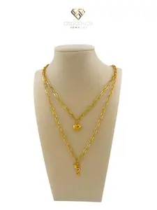 Oroconda Jewelry 14k Semi Solid Gold Double Layered Paper Clip Chain Adjustable 16-18” 3.3mm with Heart Pendant & Zirconia Accents Romantic Modern Elegant