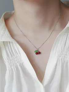 Cute Cherry Pendant Necklace, Stainless Steel Jewelry for Party, Daily Clothing Decor, Trendy All-match & Exquisite Jewelry for Birthday Gift