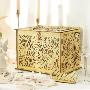 Glittery Gold Wooden Wedding Card Box with Lock, Elegant Money Envelope Card Box Holder for Wedding Reception, Graduation, Birthday, Baby Shower Party Decorations