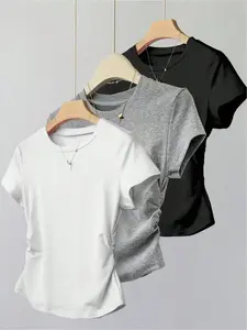 Women's Solid Color Tee, Casual Comfy Fitted Short Sleeve Basic T-shirt for Summer, Ladies Clothes for Daily Wear, Top, Clothing, Activewear