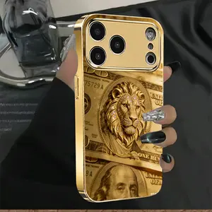 Diamond Lion Statue Dollar Pattern Phone Case, Creative Phone Case, Suitable for iPhone 17/16/15/14/13/12/11 Shockproof Glass Phone Case, Create Your Beautiful Phone