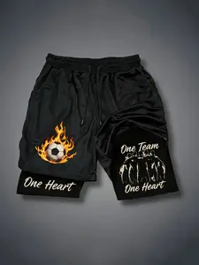 Front Flame Soccer, Side Team Backdrop + One Team One Heart Print Dual-Layer Gym Shorts, Elastic Drawstring Waist, Essential for Football Fans