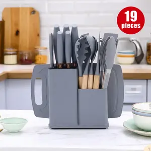 【tiktok shop deals】19-Piece Grey Kitchen Utensils Set High Carbon Stainless Steel Serrated Steak Chef Bread Knives Scissors Nonstick Silicone Wooden Handles Funky Cutting Supplies Grey Pink White Black Block