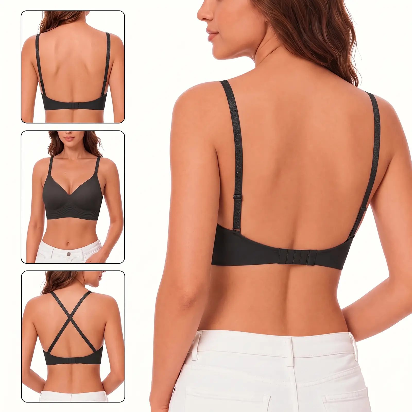 PoseFree Low Back Backless Bras for Women Seamless Invisible Backless Bra Lightly Lined Demi Multiway Bra Multiway Straps Convertible Halter Bra Everyday Adjustable Breathable, Fabric, Stretchy, Nylon, Comfortable