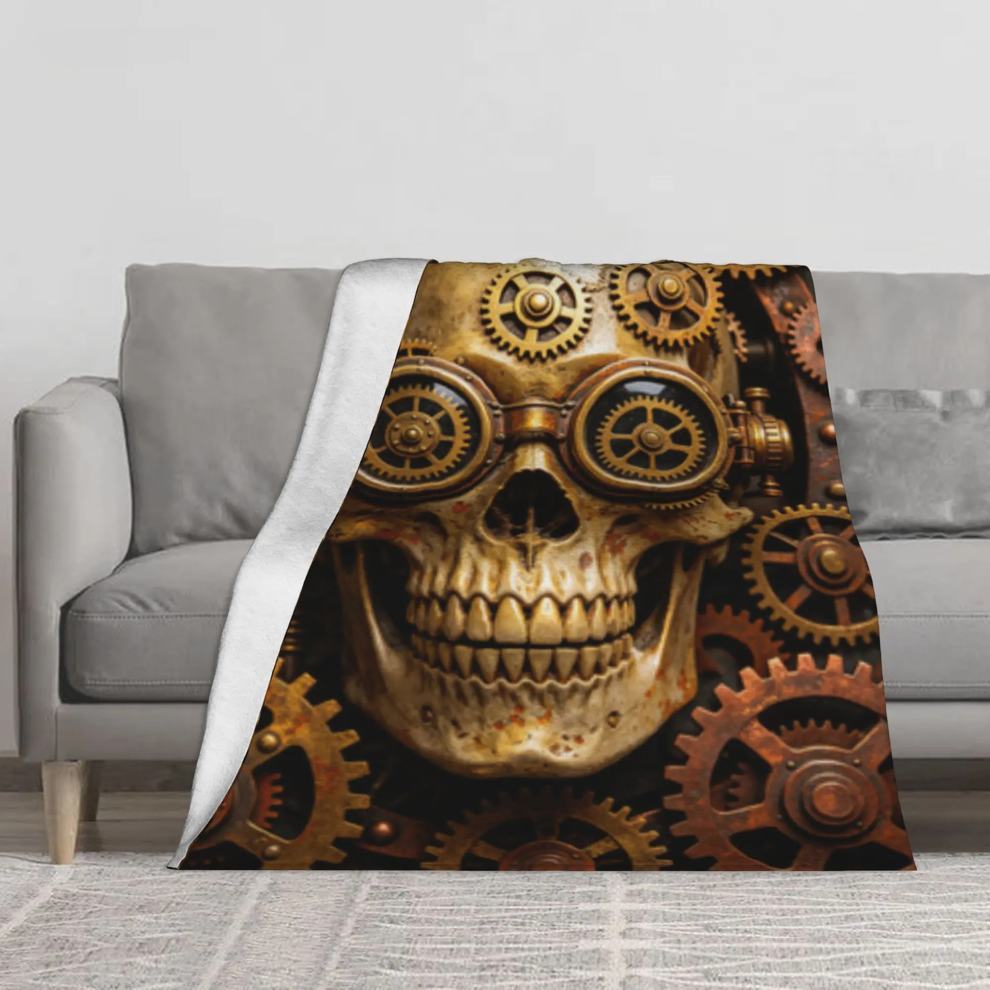 Vintage Steampunk Skull with Gears and Brass Goggles Flannel Throw Blanket, Large Soft Lightweight Warm Decor Blanket, Multi-Purpose Sofa Cover, Wall & Front Door Hanging Tapestry, Industrial Gothic Steampunk Aesthetic Gift for Family and Friends