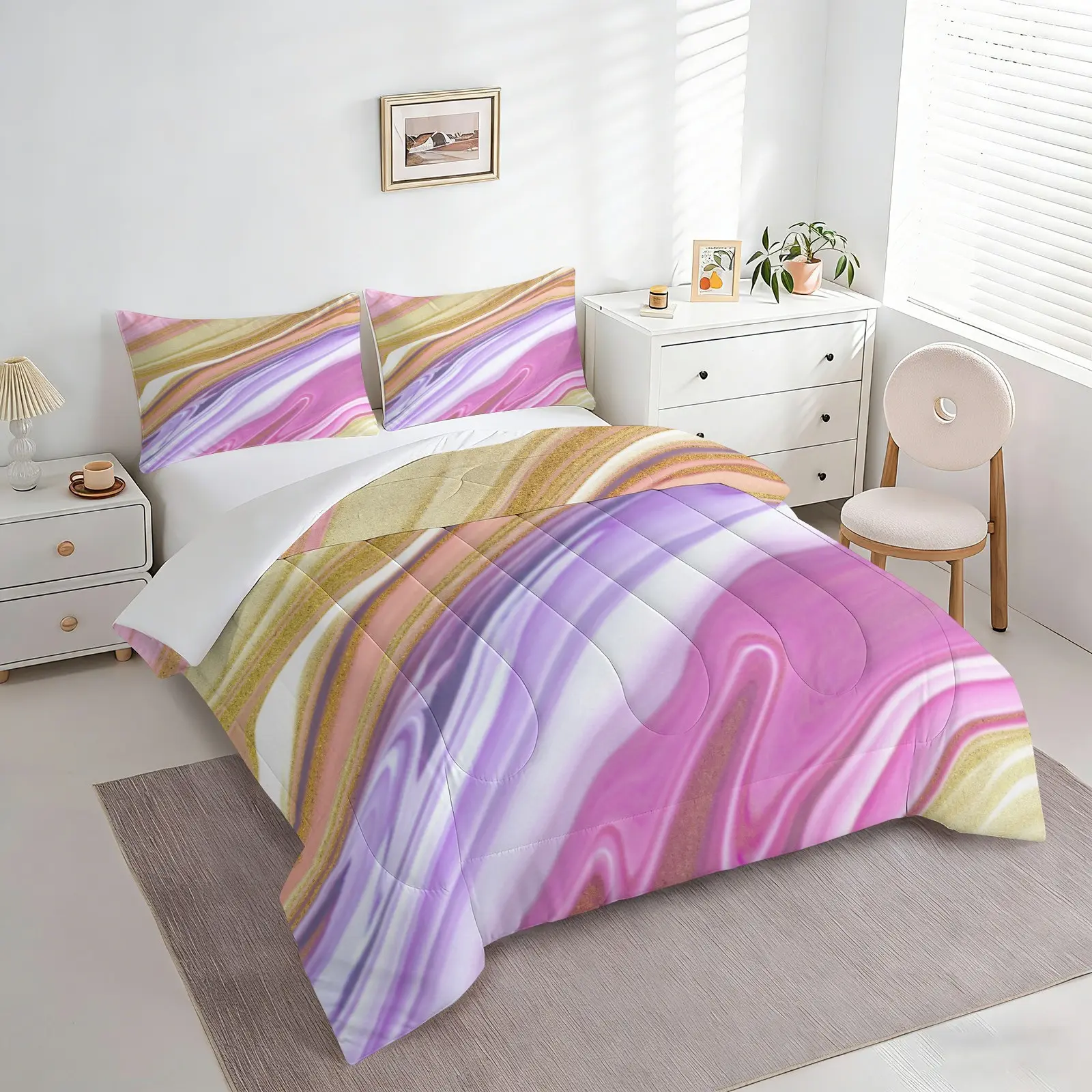 2/3Pcs Pink Purple Gold Marble Comforter Set, Swirl Pattern Quilt Bedding Set with Pillowcases, Abstract Watercolor Bedspread, Soft Microfiber Lightweight, All-Season Aesthetic Bedroom Decor for Teens Girls