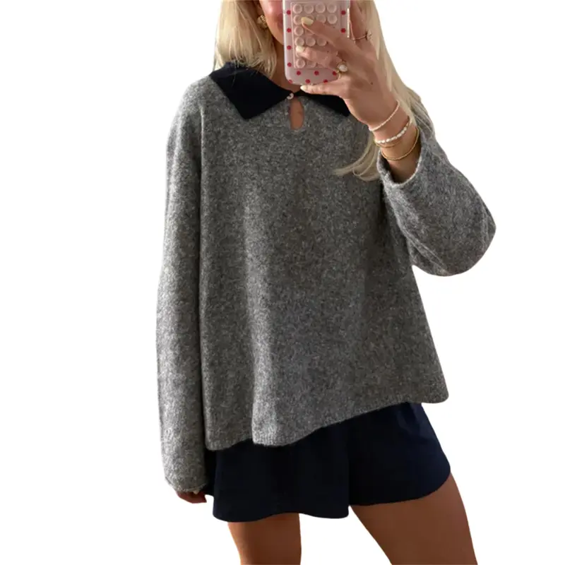 Women Y2k Color Block Polo Sweaters Long Sleeve Lapel Loose Knitted Tops Preppy Teens Oversized Jumper Tops Party Streetwear