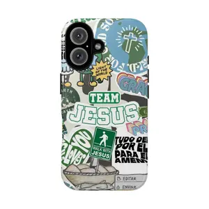 Christian Tough Phone Case, "Team Jesus" Religious Sticker Collage Design, Faith & Scripture Inspired Cover, Gift, Phonecover