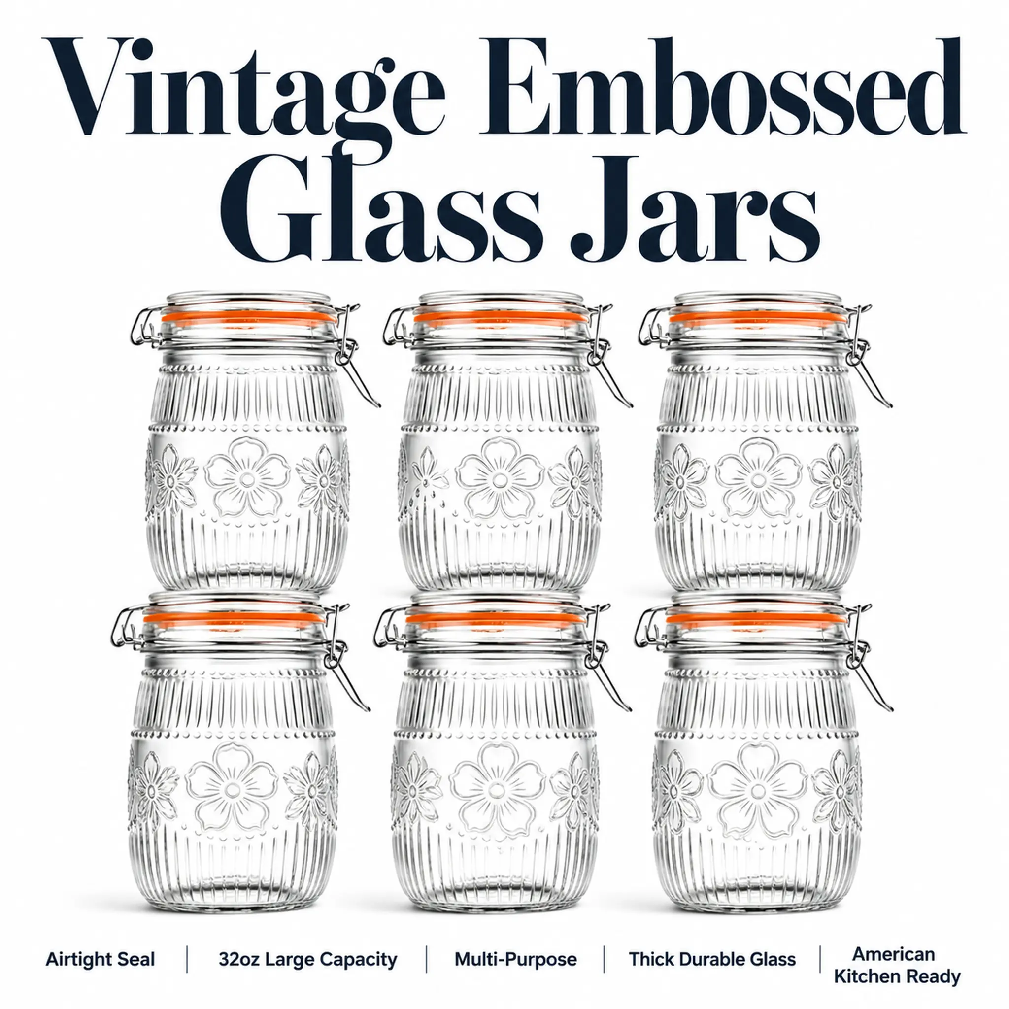 32 oz Transparent Reusable Wide-Mouth Rustic Vintage Heavy-Duty Glass Mason Jars with Airtight Silicone-Lined Metal Lids, Kitchen Preserving Containers for Canning, Meal Prep, Food Storage